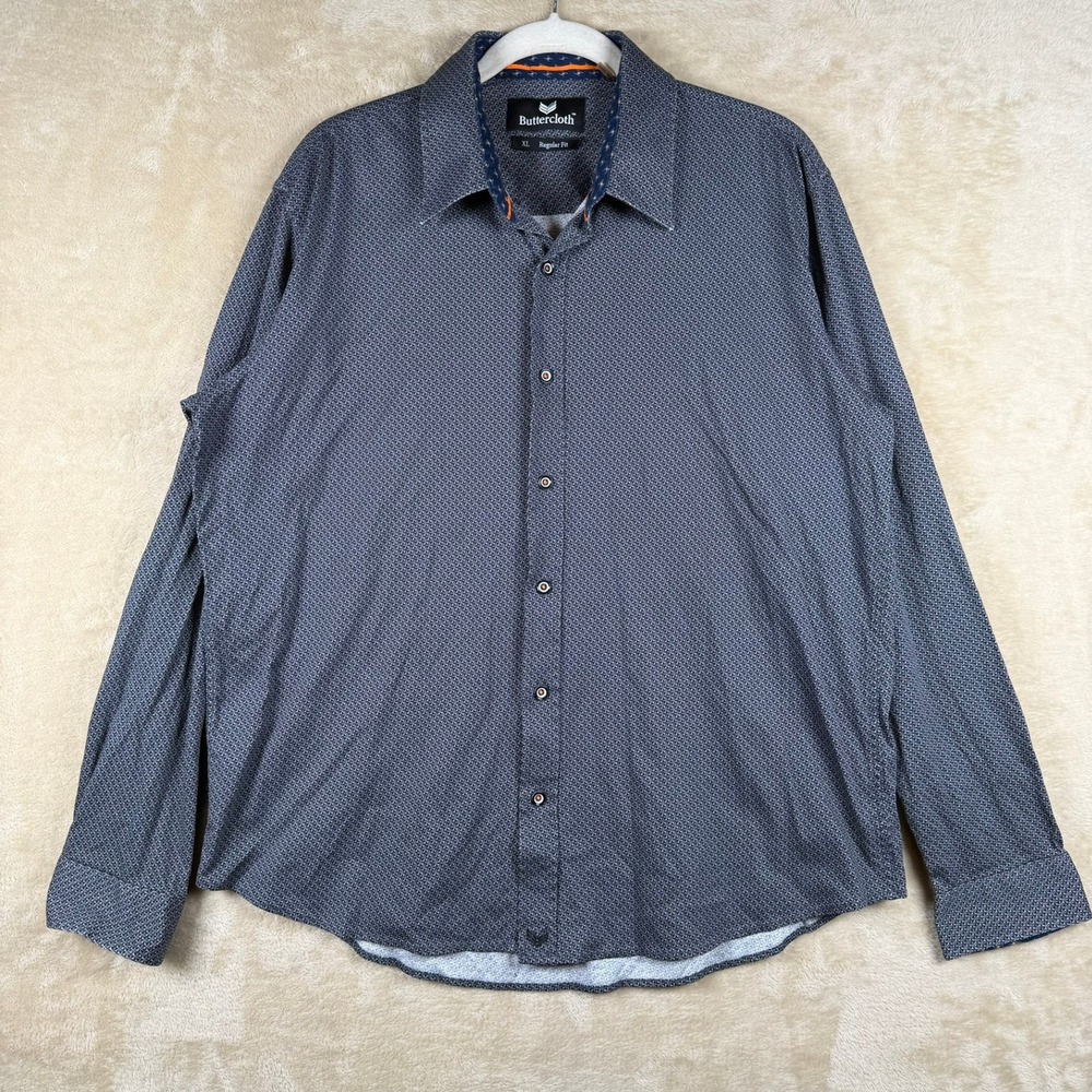 Buttercloth Mens XL Regular Fit Long Sleeve Geometric Button Down Shirt Navy
